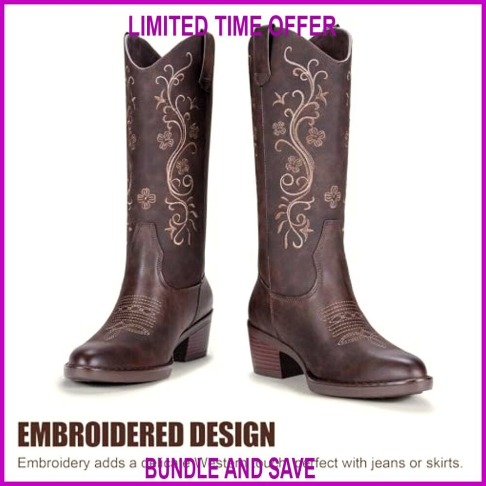 Women's Embroidered Cowboy Boots, Mid-Calf Western Pull-On with Chunky Heel - Picture 4 of 7